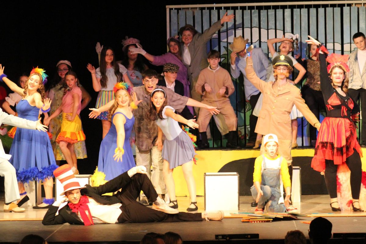 The Seussical cast poses at the end of their opening number. 