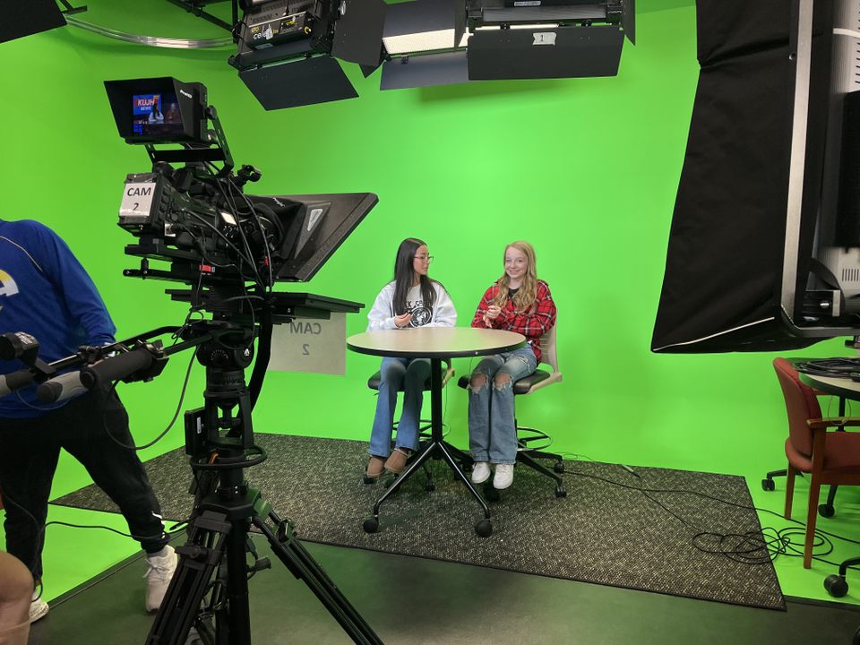 Denise Doucett and Mia Rosado gain on-camera experience in the J School studio. 