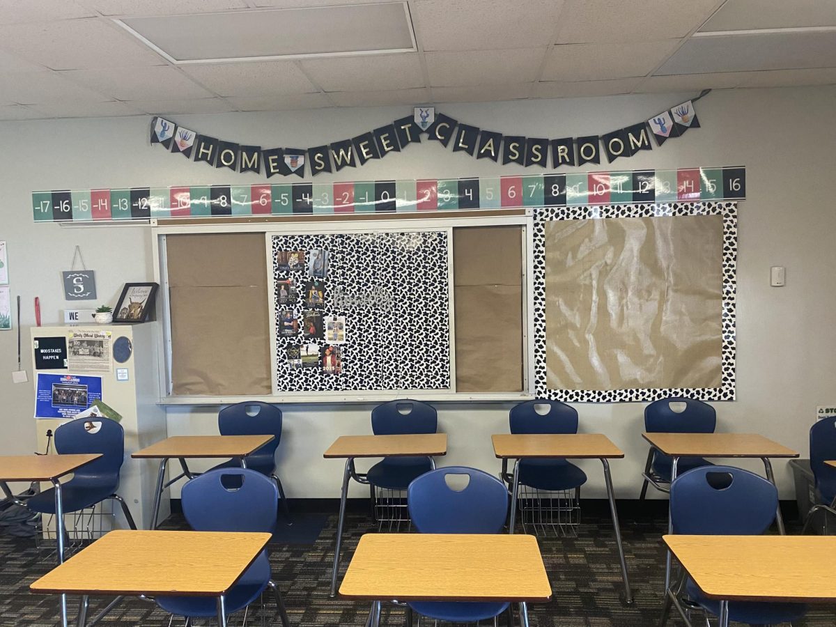Comfort Color in the class. A bulletin board found in math teacher Ali Snapp's room sports the Pantone color of the year.