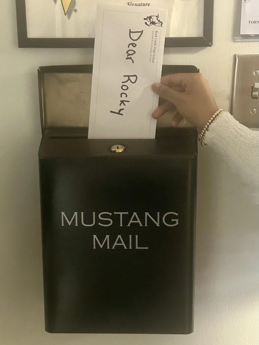 Got questions? Drop them in here. Senior Brookly Gibbs slips a letter into the Mustang Mailbox in room 117.  The home of "Dear Rocky", Letters to the Editor, and yearbook order forms and payments. 