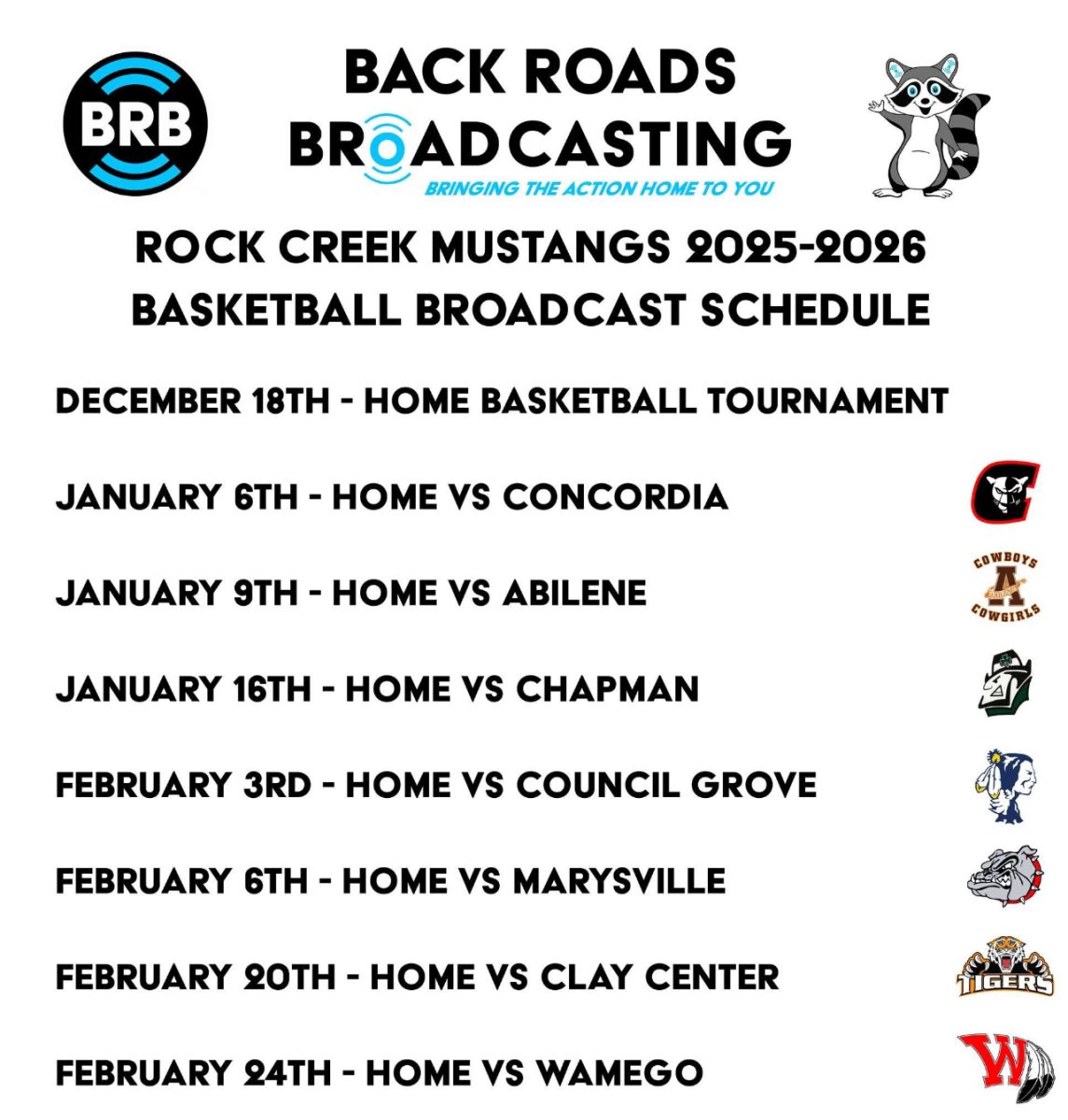 Shoot, Score, Win! Back Roads Broadcasting annouces their streaming schedule for the 2025-2026 for the Rock Creek Basketball season. Graphic created by Cody Liming with Back Roads Broadcasting