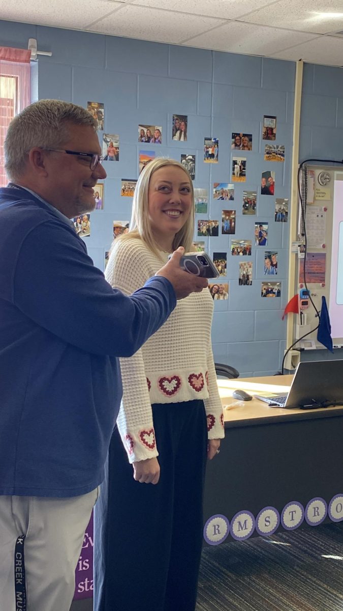 Rock Creek Superintendent Steve Spichel surprises English teacher Mayci Armstrong in her classroom with a phone call from Kansas Commissioner of Education Dr. Randy Watson, announcing Armstrong as a 2026 Kansas Horizon Award winner. Armstrong is one of only 32 first-year teachers statewide to receive the honor.
